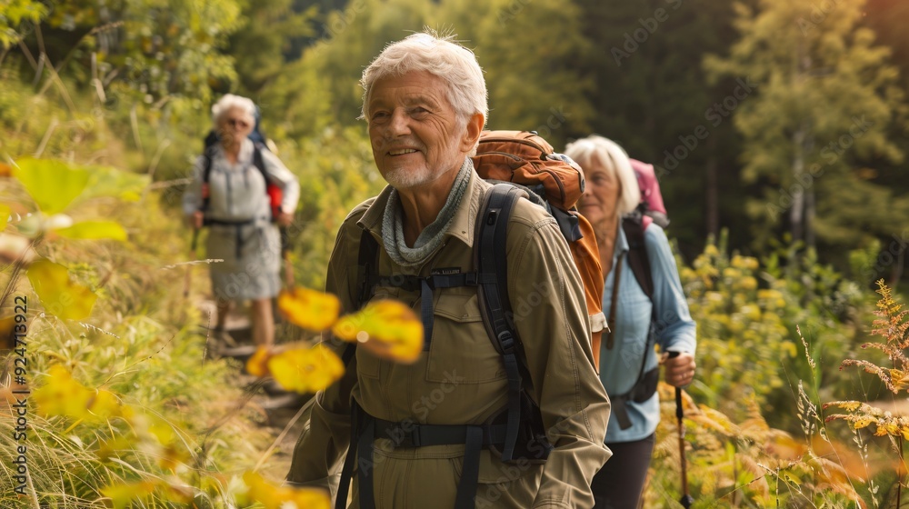 Older Adults Enjoying a Hike on a Scenic Nature Trail Older Adults Enjoying a Hike on a Scenic Nature Trail