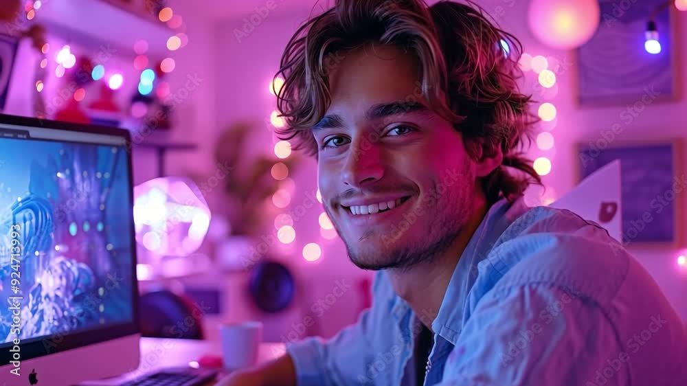 Gorgeous, content young male game streamer or caster playing video games on a computer while relaxing in a room at home with a neon light display Gorgeous, content young male game streamer or caster playing video games on a computer while relaxing in a room at home with a neon light display
