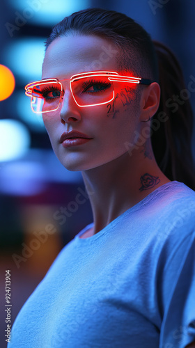 A woman in neon glasses, illuminated by the bright light of the city, looks up. Her face reflects confidence and calmness, and her dark hair accentuates her futuristic image. photo