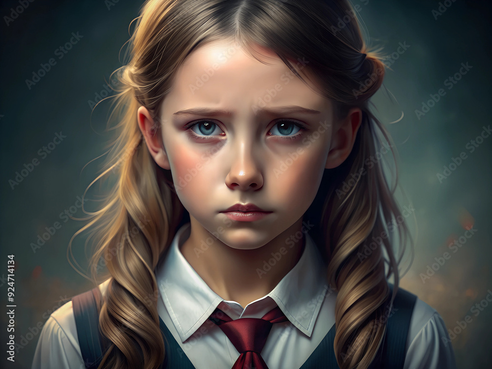 Sad unhappy girl in school uniform, schoolgirl sitting in empty classroom alone, primary school student with backpack left after school, school punishment, bullying Sad unhappy girl in school uniform, schoolgirl sitting in empty classroom alone, primary school student with backpack left after school, school punishment, bullying