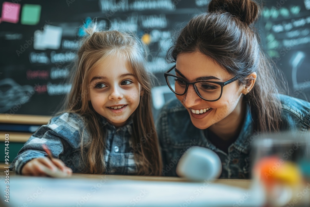 Teacher educating schoolgirl with learning tools in classroom, young student listening attentively