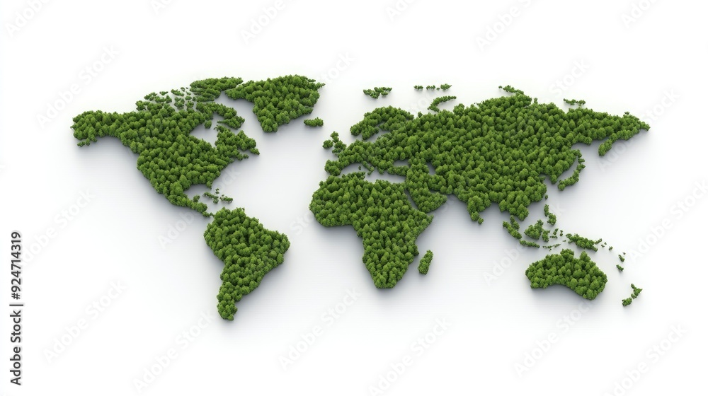 A lush green world map formed by vibrant forests on a pristine white backdrop, highlighting the beauty of nature and ecological balance A lush green world map formed by vibrant forests on a pristine white backdrop, highlighting the beauty of nature and ecological balance
