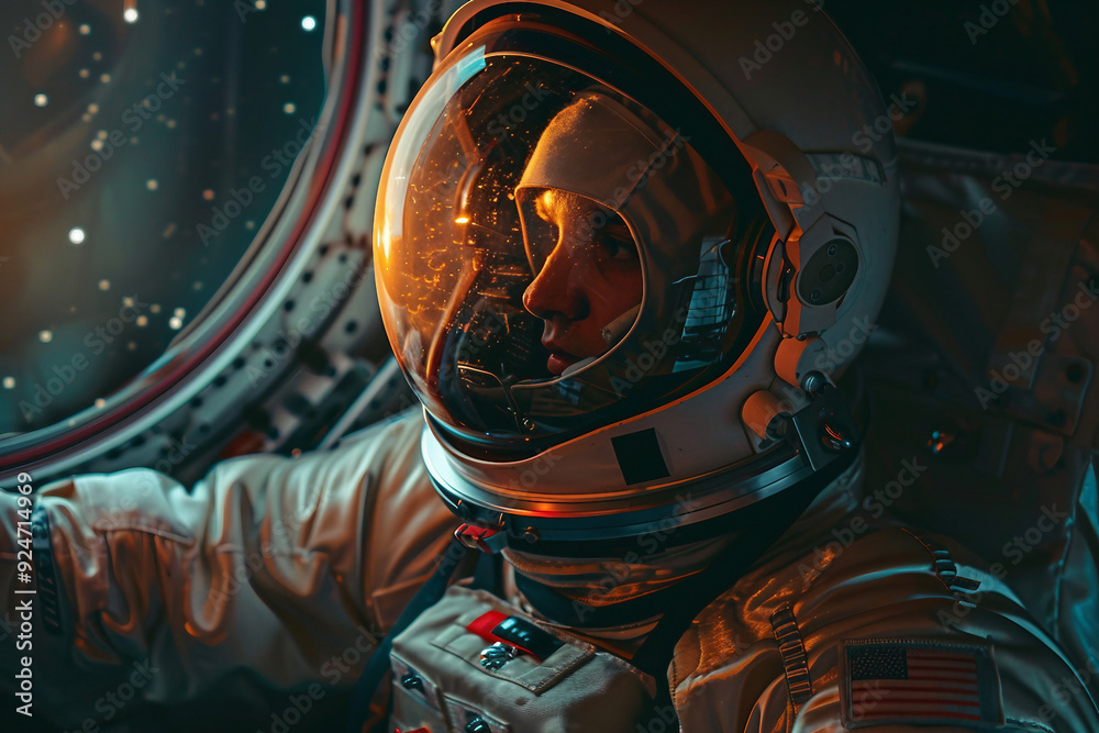 Closeup Generative AI picture of astronaut male female floating through space galaxy planet moon stars Closeup Generative AI picture of astronaut male female floating through space galaxy planet moon stars