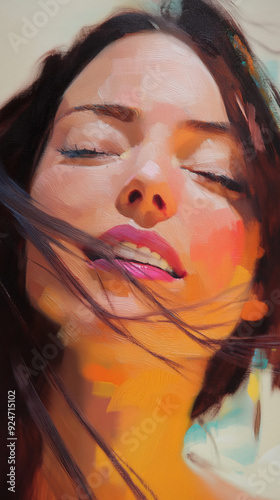 Portrait of a woman with her eyes closed, her hair fluttering in the wind. The oil strokes create a feeling of movement and warmth, and the bright colors convey joy and tranquility.