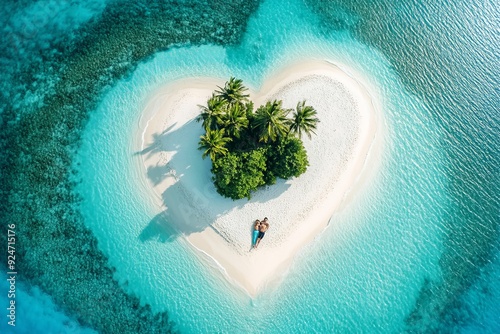 Fototapeta Naklejka Na Ścianę i Meble -  Romantic aerial view  couple on heart shaped motu beach surrounded by palm trees and azure ocean