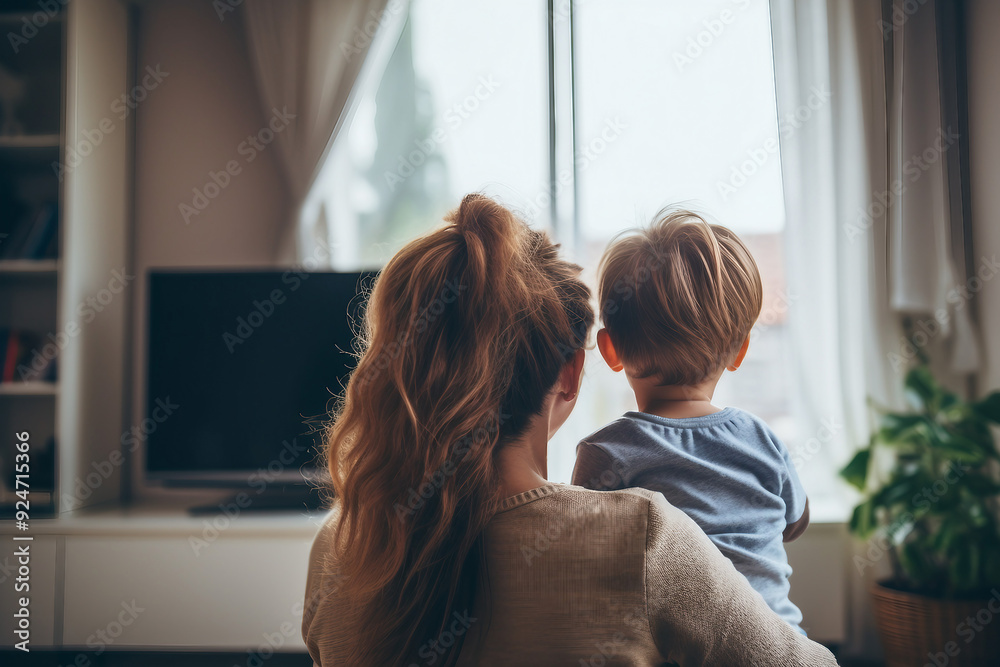 AI generated rear view photo of happy mommy and child watching movie cosy room indoors AI generated rear view photo of happy mommy and child watching movie cosy room indoors