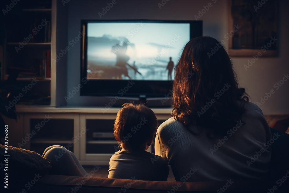 AI generated rear view photo of mother and child watching movie AI generated rear view photo of mother and child watching movie