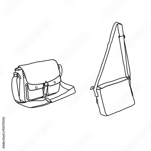 Shoulder bag cross body bag. Slingbag flat sketch fashion illustration drawing template mock-up,  front, and back view. Isolated on a white background.