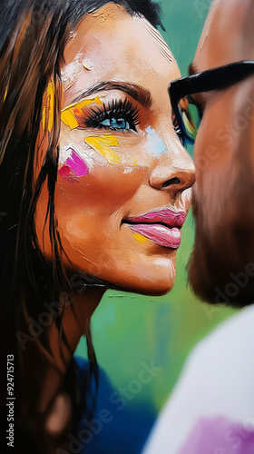 Portrait of a woman with bright blue eyes, made in the technique of oil painting. Her face is illuminated by soft light, and brush strokes create texture, emphasizing her expressive features.