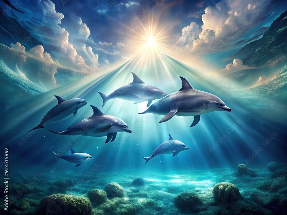 Fototapeta premium Marine Mirage: Dreamy, surreal underwater scenes with dolphins swimming through ethereal light.