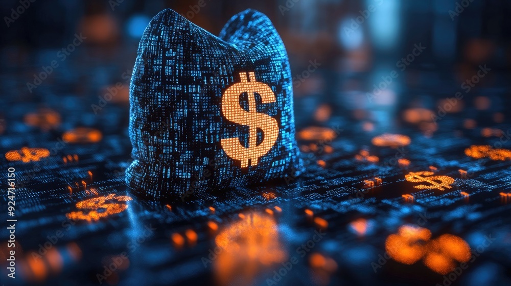 Moneybag with a Dollar Icon and Binary Code in Digital Finance Concept