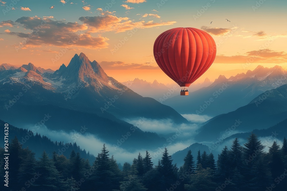 An air balloon flying over mountain. Generative AI An air balloon flying over mountain. Generative AI