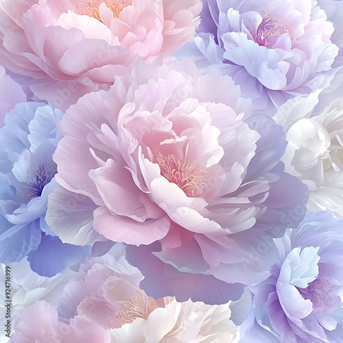 A close-up shot of pink and purple peonies with soft, delicate petals. The image is taken from a slightly angled perspective and focuses on the texture and intricate details of the flowers.