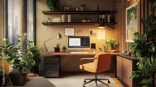 A young professional in a globally-inspired home office, adjusting the lighting and temperature using a touch-screen panel, with modern furniture and international decor around