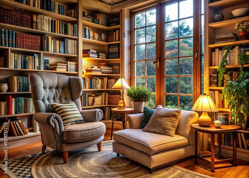 Reading Haven: A cozy, warm study space with books piled high, conveying comfort and productivity.