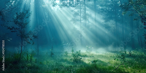 Fog in the forest with rays of light