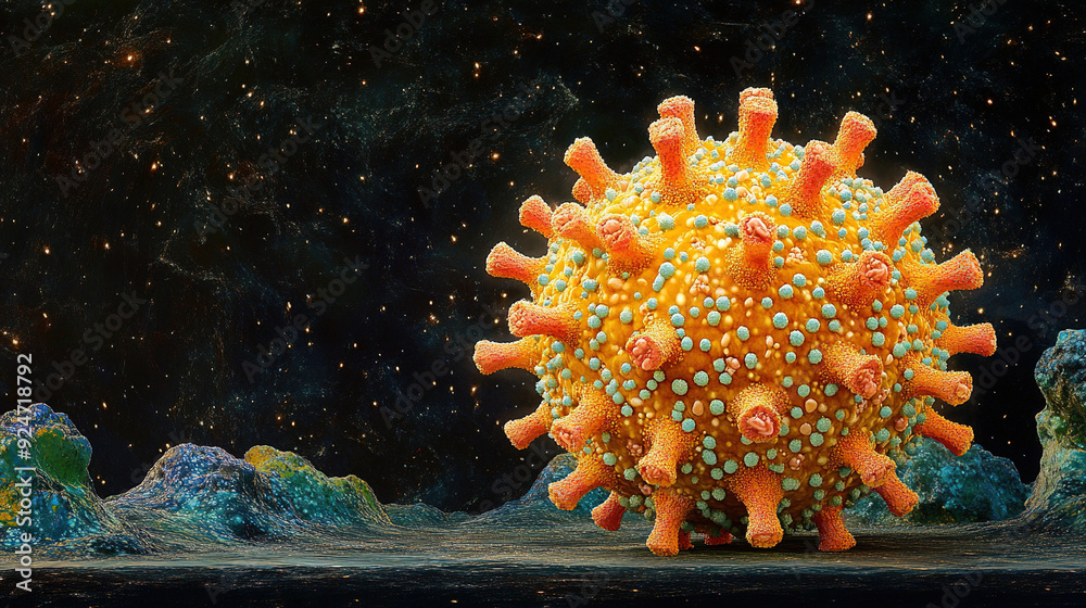 A detailed, high-resolution image of a virus cell under a microscope, showcasing the virus's structure with prominent spikes and proteins on its surface, set against a dark background A detailed, high-resolution image of a virus cell under a microscope, showcasing the virus's structure with prominent spikes and proteins on its surface, set against a dark background
