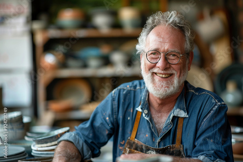 An elderly man skillfully crafts pottery in a traditional workshop ai generative