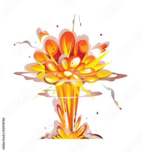 Bomb explosion with bright flames and smoke plumes rising into the sky. Vector cartoon illustration.