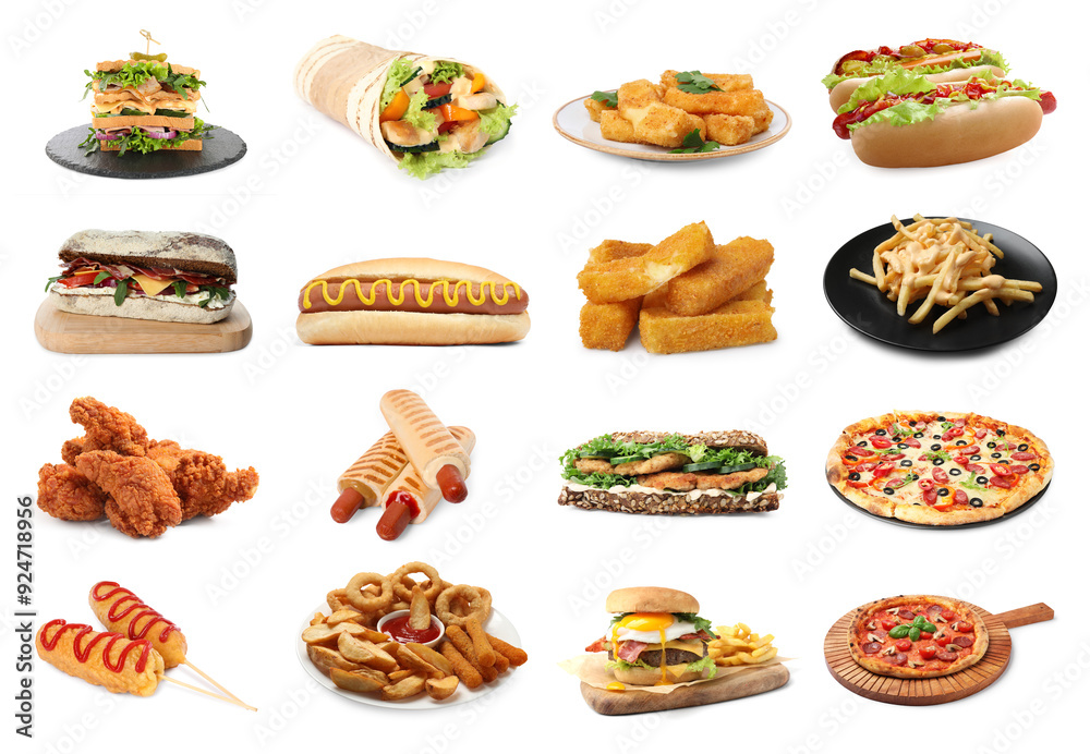 Collage with different tasty fast food on white background Collage with different tasty fast food on white background