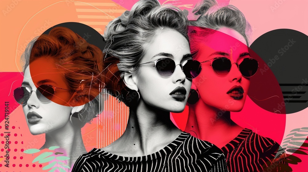 Retro pop art inspired portrait of woman with sunglasses image. Bold geometric shapes and vivid colors photography scene wallpaper. Eighties fashion concept photorealistic picture