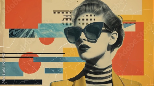 Obraz na płótnie Retro pop art portrait of woman in sunglasses image. Female wearing sunglasses, striped turtleneck photography scene wallpaper. Eighties fashion concept photorealistic picture w salonie