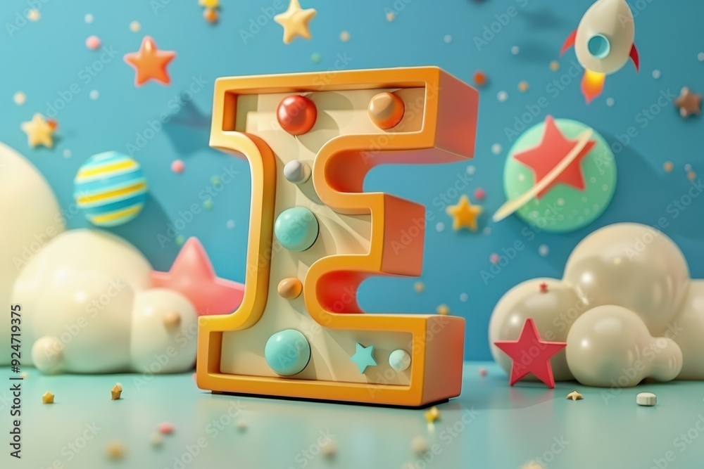 The letter E is surrounded by a galaxy of stars and planets The letter E is surrounded by a galaxy of stars and planets