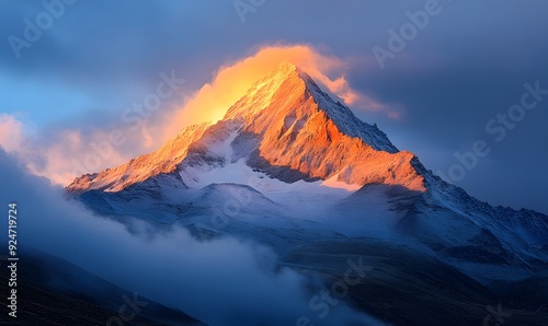 Majestic Mountain Peak Bathed in Golden Light During Sunrise photo