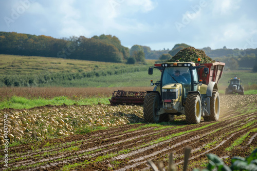 Farmers are harvesting potatoes in a field, using agricultural machinery to collect the crops on a sunny day
