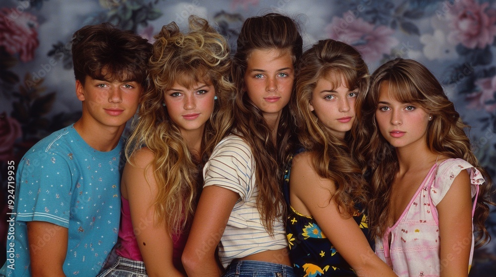 Fototapeta premium Retro group portrait of five teens in 80s style image. Voluminous hair girls boy. 1980s timeless moment picture photorealistic photography. Vintage memories concept photo realistic