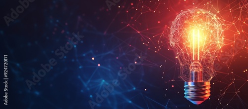 Abstract background with a glowing light bulb and polygonal mesh on a dark blue. Concept of innovation, business idea or creative thinking design concept in the style of innovation technology business
