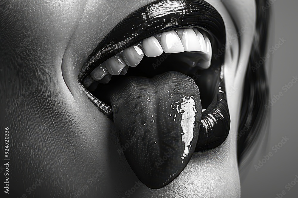 Obraz premium A woman's mouth is shown in black and white