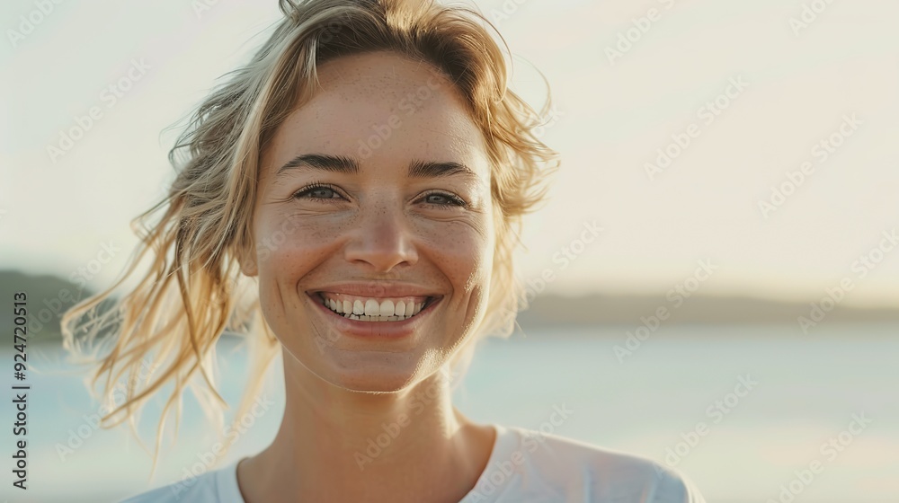 Close up of a smiling woman with golden curly hair Close up of a smiling woman with golden curly hair