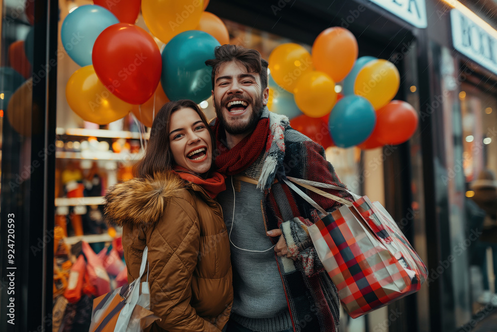 Obraz premium Happy couple laughing and holding shopping bags while entering a store decorated with balloons for a sale