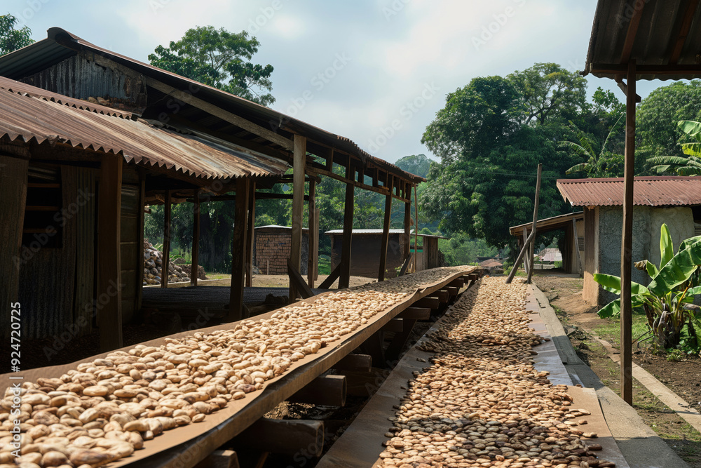 Cocoa beans drying on large drying tables in a cocoa bean plantation in ghana, africa Cocoa beans drying on large drying tables in a cocoa bean plantation in ghana, africa