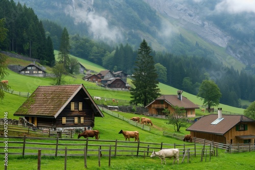Idyllic scenery of a traditional swiss farm with cows grazing on a green pasture in the alps mountains photo