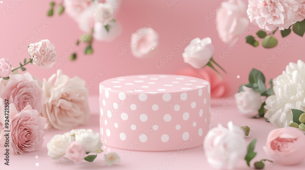 Pastel Pink Polka Dot Display, A charming boutique podium featuring a soft pink surface adorned with delicate white polka dots, enhanced by pastel accents and floral décor.