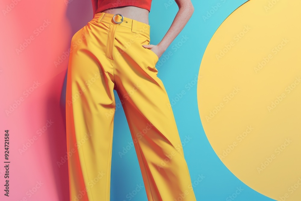 A woman is wearing yellow pants and standing in front of a blue A woman is wearing yellow pants and standing in front of a blue