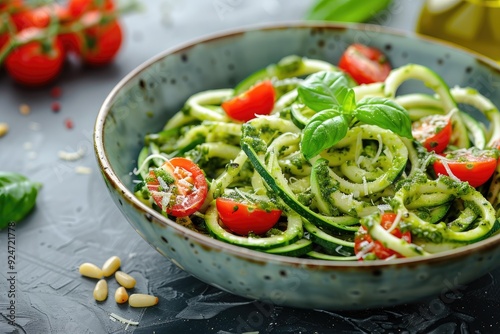 A vibrant bowl of zucchini noodles topped with cherry tomatoes, basil, and pesto.