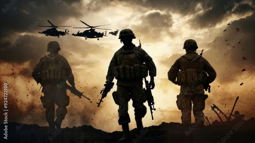 War background with silhouettes of soldiers War background with silhouettes of soldiers