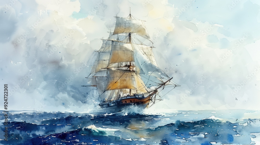 Obraz premium Ship in sea watercolor painting, landscape. Hand Drawing art