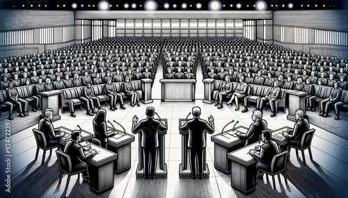 Political debate. Politicians speaking from tribune in front of audience. Government, politics concept. Black and white illustration for poster, banner, news photo