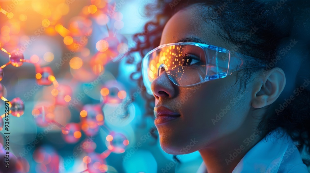 A focused scientist wearing protective glasses, contemplating molecular structures in a colorful lab environment.