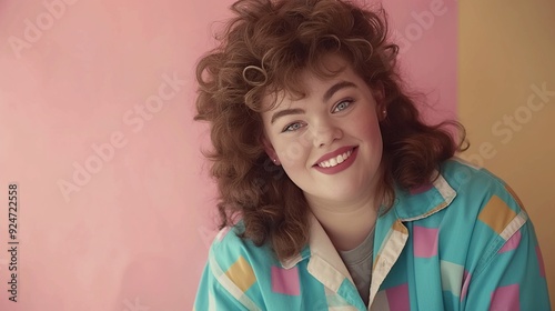 Retro inspired woman with 80s fashion and soft curls portrait image. Curvy lady with geometric vintage jacket picture photorealistic photography. Nostalgic vibe concept photo realistic photo