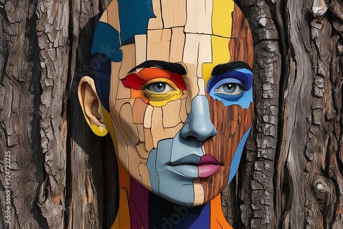 Emotions in Layers: An Abstract Portrait on Wood Bark photo