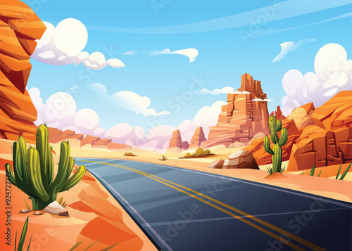 Desert road with cacti and rock formations under bright blue sky. Vector cartoon illustration