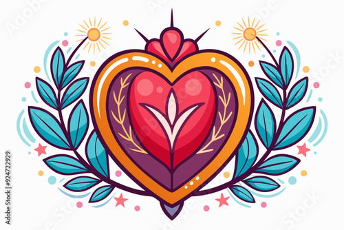 Ornate Heart with Floral Accents and Sunbursts