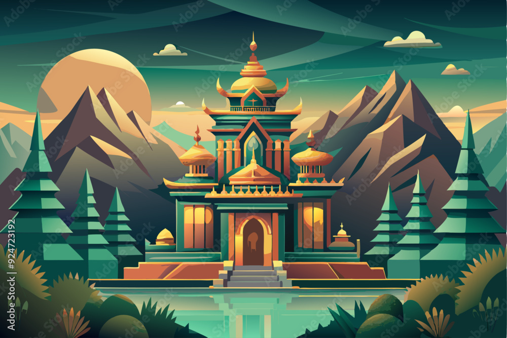 Obraz premium Golden Temple in a Mountainous Landscape with a Water Feature