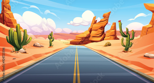 Straight road through desert landscape with rock formations and cacti. Vector cartoon illustration