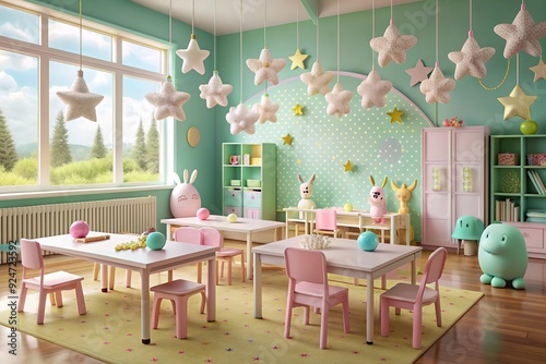 Whimsical Classroom Magic: Pastel tones, playful patterns, magical creatures, imaginative concepts photo